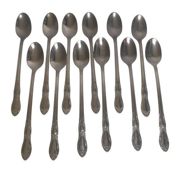 Wm A Rogers Oneida 12 Pc Stainless Steel Iced Tea Spoons Vintage Flatware Set 7. - Picture 1 of 6